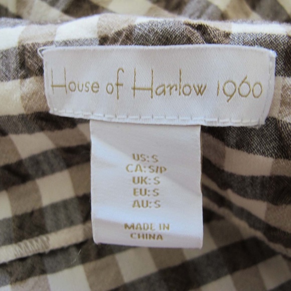 House of Harlow 1960 Dress Small Brown White Gingham Plaid Ruched Spaghetti - Picture 2 of 5